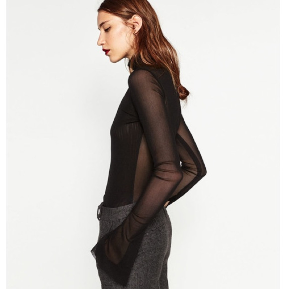🤍 ZARA Black Sheet Tulle Turtleneck Shirt